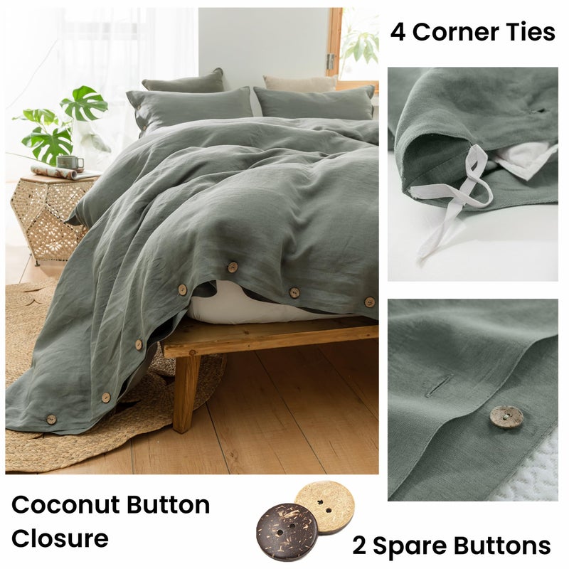 Simple&Opulence 100% Linen Duvet Cover Set 3pcs with Coconut Button Closure Natural French Washed Flax Solid Color Soft Breathable Farmhouse Bedding - Cushing Green, Queen Size - Image 3